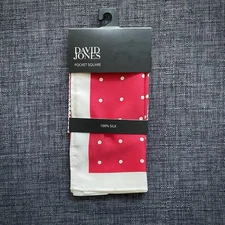 DAVID JONES 100% Silk Polka Dot Red Pocket Square Brand New in Original Box