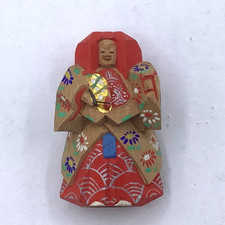 Japanese Nara Ichitobori Carved Wood Mini Figure 2.5" in Wooden Box Painted Red