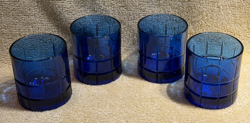 4 Vintage Anchor Hocking Cobalt Blue Old Fashioned Whiskey Glass, Set 4 Glasses