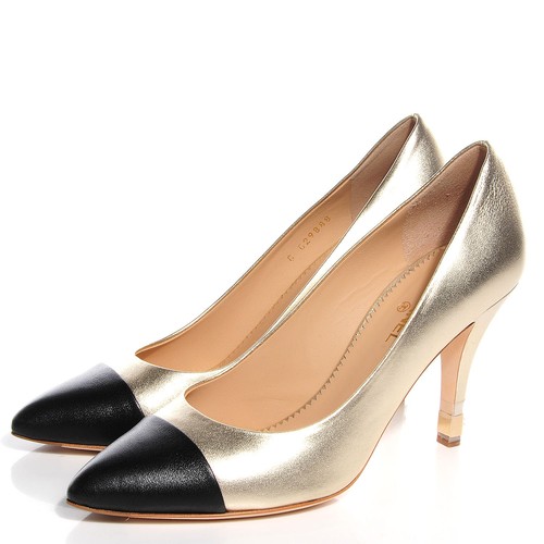 CHANEL Metallic Gold Schwarz Cap Toe Leder Spitz zulaufend Absatz Pumps 39,5/38,5/8,5 - Bild 1 von 7