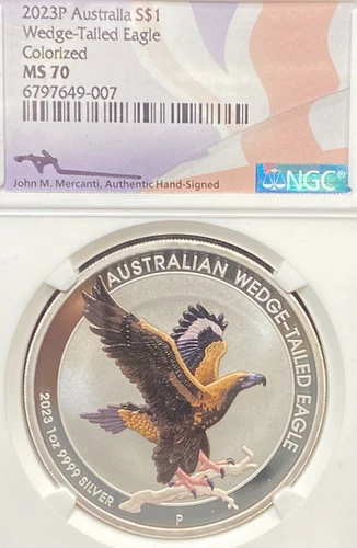 2023P AUSTRALIA $1 SILVER WEDGE TAILED EAGLE COLORIZED NGC MS 70 MERCANTI SIGNED