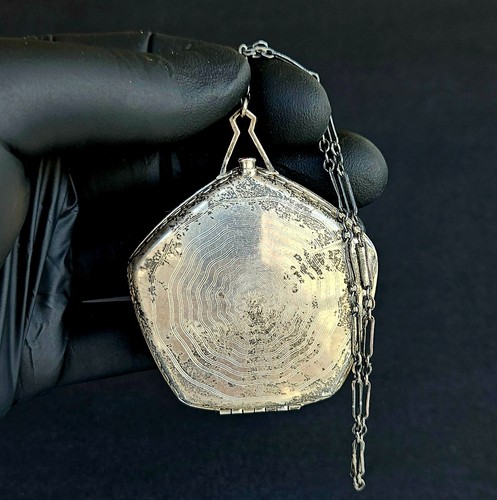 Antique Art Deco 925 Sterling Silver Guilloche Enamel Powder Compact - Picture 12 of 15