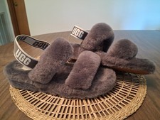 UGG Gray Plush Sheepskin Fur Oh Yeah Slide Sandals 9