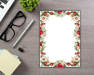 Strawberry & Daisy Writing Pad, Stationary, Office Desk Notepad 5x7 Inches