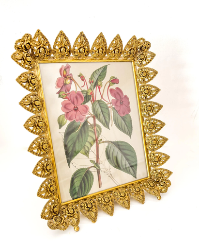 Vintage Heavy Ornate Gold-Tone Brass Filigree Picture Frame 8x10 Hearts + Roses