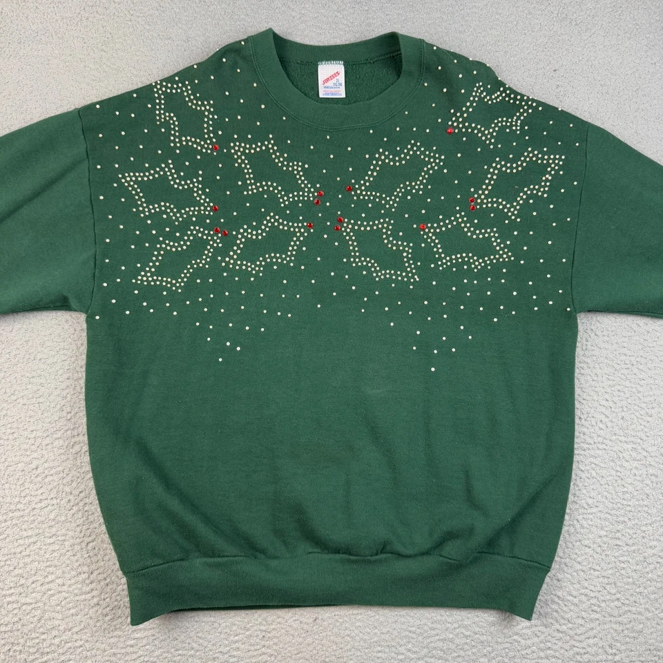 VTG Christmas Sweatshirt Womens 2XL Crewneck Sweater Beaded Holly Leaves Holiday - Image 2 of 4
