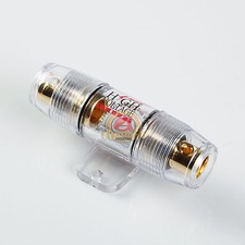 GOLD PLATED SIINGLE CLEAR AGU FUSE HOLDER WITH MOUNT WILL FIT 4 OR 8 GAUGE WIRE