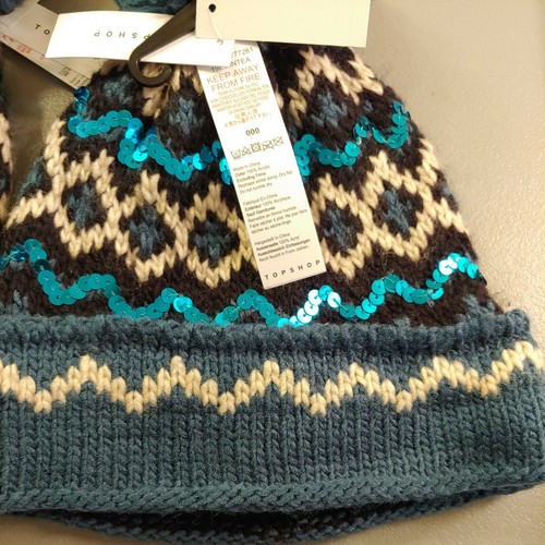 2 Topshop Women's Sequin Fair Isle Pom Beanie | Color - Blue/Green | One Size - Picture 3 of 3