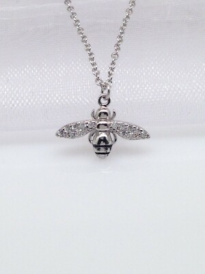 925 Sterling Silver Cz Bee Necklace Tiny Dainty Bee Pendant Charm 8.5x15mm