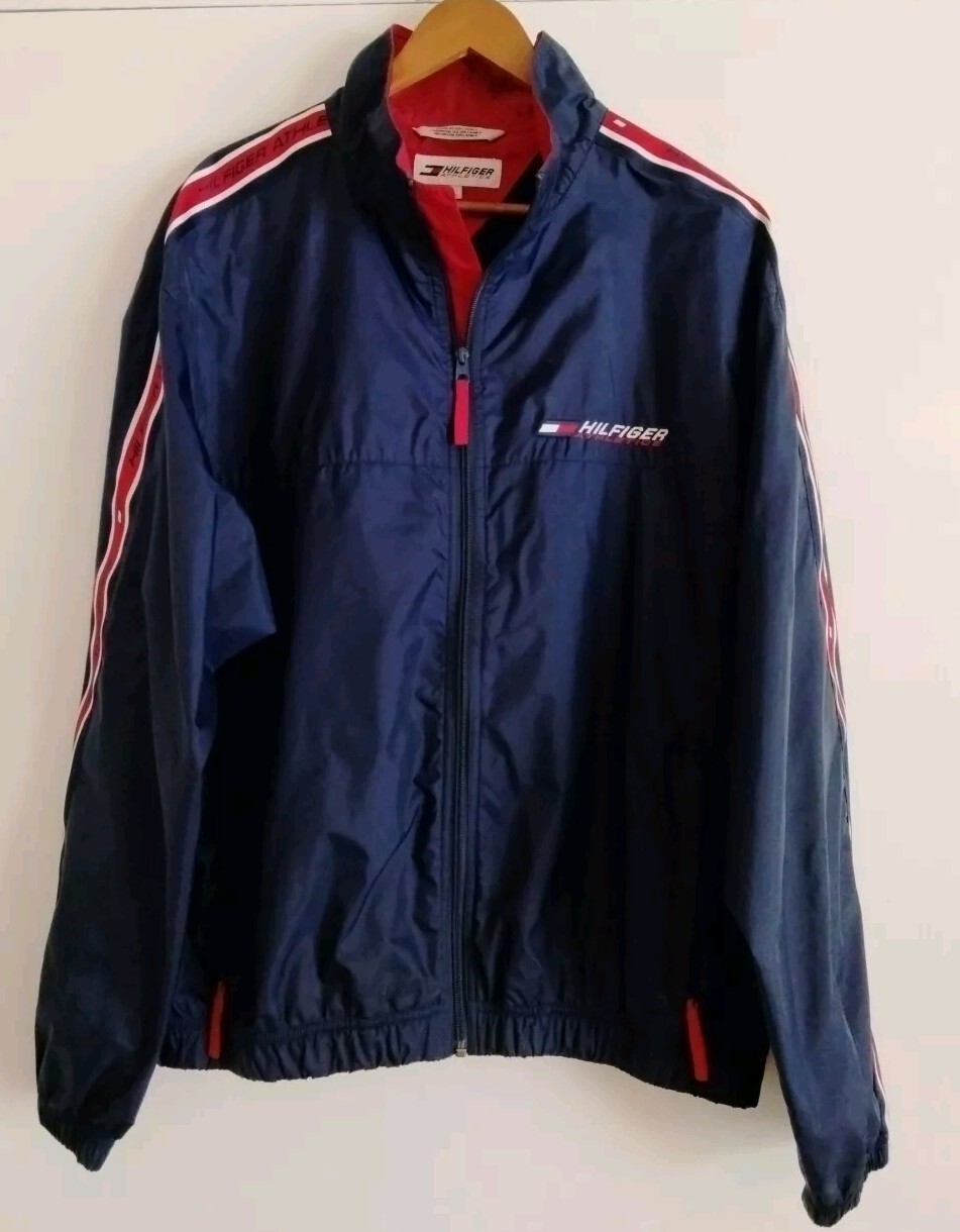 90s Tommy Hilfiger Blue Nylon Windbreaker with Large Block Logo Back