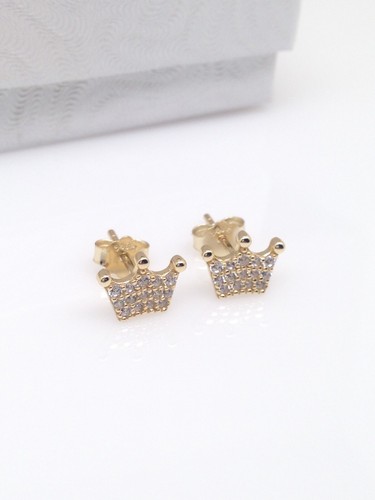 925 Sterling Silver Dainty Cz Gold Crown Stud Earrings Tiny Studs Women Kids 8mm - Picture 8 of 10