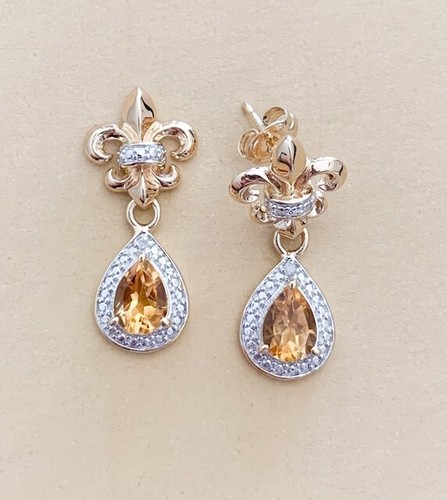 1.50ctw GENUINE CITRINE STONE & DIAMOND STUD FLEUR-DE-LIS EARRINGS NEW !! - Picture 2 of 2