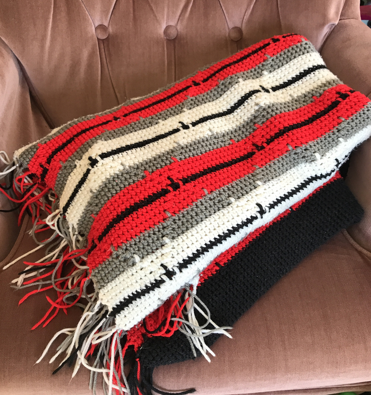 Vintage Handmade Afghan Blanket Striped Crochet Knit 48x72 Red White