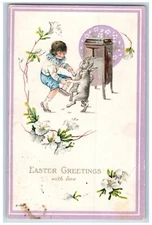 Kewaunee Wisconsin WI Postcard Easter Greetings Boy Playing With Rabbit Flowers