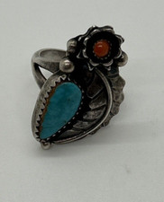 Vintage Navajo Handmade Sterling Silver Turquoise Coral Leafy Ring Size 6-6.5