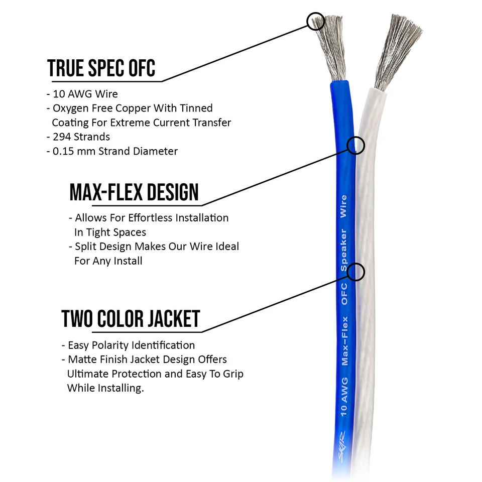 Cable de altavoz de cobre sin oxígeno calibre 10 Skar Audio Elite - 30 pies (azul/blanco) Foto 4 de 4