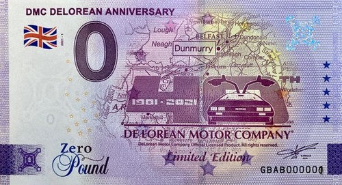 DeLorean 40th Anniversary £0 Souvenir Zero Pound Bank Note Limited Edition 2021