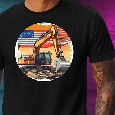 Men's American Flag Print Cotton Excavator T-Shirt Size XS to 5XL