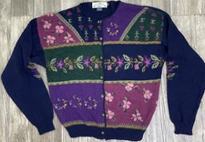 Orvis Hand Loomed Cardigan Sweater Button Front Floral  Navy Blue  Womens Size M
