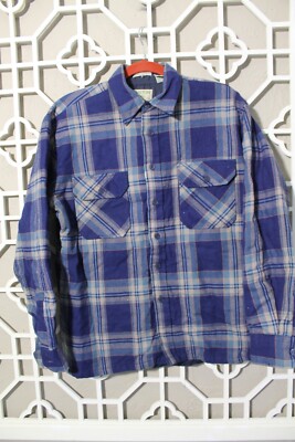 Oakton Button Up Shirt Mens M Blue Flannel Plaid Quilted Lined Casual Pockets