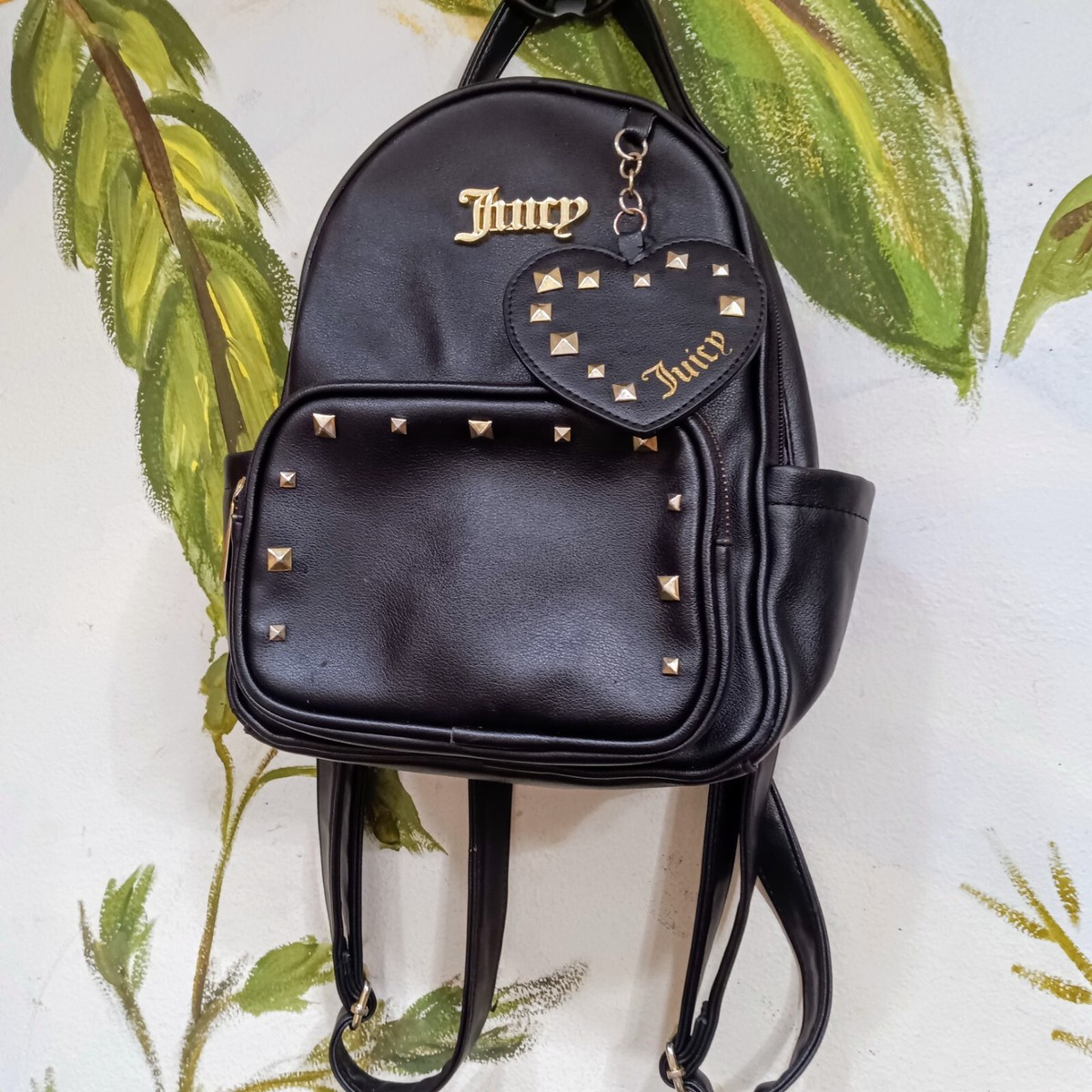 Juicy Couture Designer Black Studded Heart Zip Backpack Purse