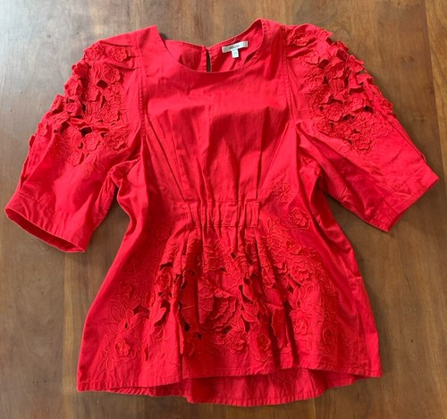 MINT Kenzo Floral 38 Intricate Cutwork Red Blouse… - image 1