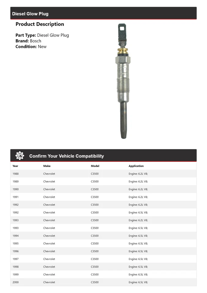 For 1988-2000 Chevrolet C3500 Bosch Diesel Glow Plug 1989 1990 1991 1992 1993 - Image 2 of 3