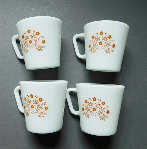 Lot of 4 Vintage Pyrex Glass Coffee Cups Brown Flowers Summer Impressions MORE