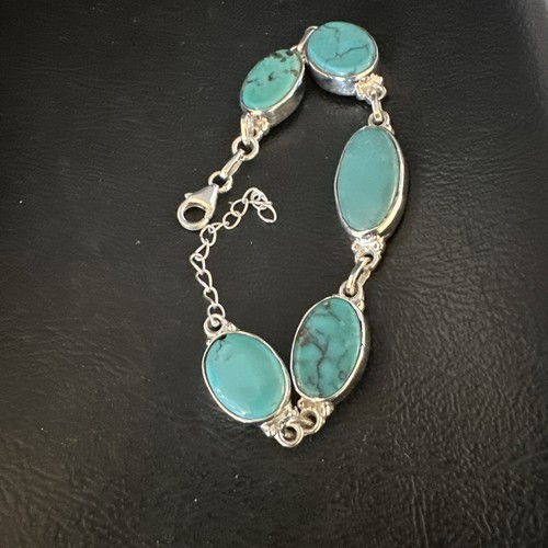 Womens Blue Turquoise Southwestern Sterling Silver Link Bracelet 8" 15471 - Picture 12 of 13