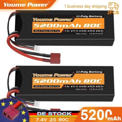 2x 7,4V 2S 5200mAh 80C Lipo Akku Batterie Hard case Deans für RC Auto LKW Akku