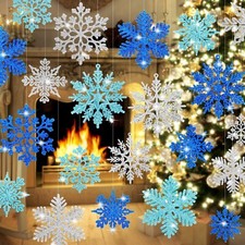 Whaline 48Pcs Christmas Snowflake Hanging Ornaments Glitter Assorted Blue Sil...