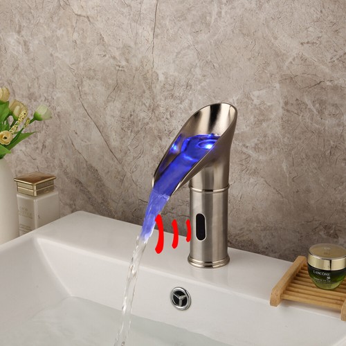LED Bathroom Brushed Nickel Basin Waterfall Spout Deck Mounted Brass Taps Faucet - Bild 3 von 11