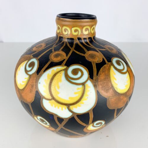 Vintage Art Deco Pottery Vase Charles Catteau Keramis Belgian Matte Black Floral - Afbeelding 1 van 12