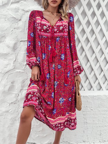 Boho Maxi Midi Dress Long Sleeve Cotton Floral Bohemian Hippie Gypsy Ethnic Fall - Picture 6 of 15