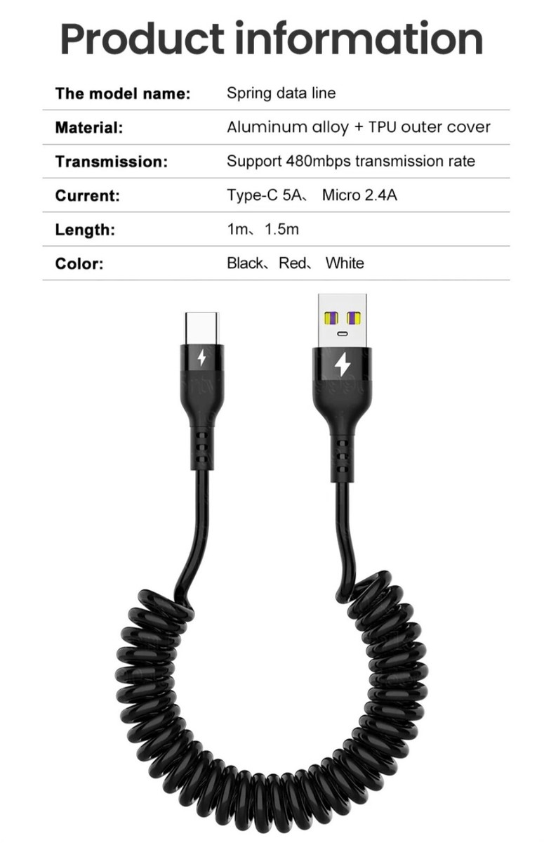 System-S USB Type C Zu USB 2.0 Spiralkabel (30–50 Cm) – Schwarz, Für Daten & Laden, 480 Mbit/s, 2,4 A