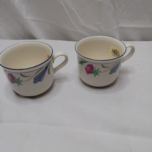 2- Lenox Poppies on Blue Mugs, 3 3/4", Chinastone, Made in USA, Microwave-safe