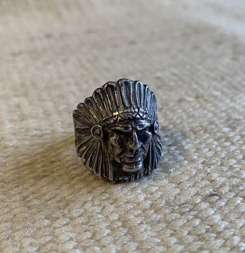 Vintage Native American Indian Chief Head 925 Sterling Silver Ring Size 9.5