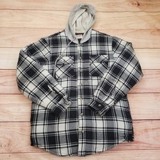 Wrangler Authentics Jacket Mens Medium Black Plaid Quilted Flannel Shirt Hood