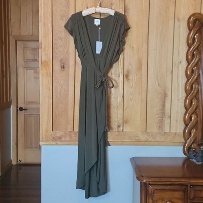 MISA LA Irina Wrap V-Neck Maxi Dress Formal Cocktail Party, Medium, Olive Green