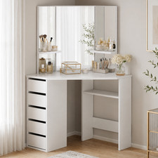 Makika Dressing Table Makeup 5 Drawers Mirror Corner Desk Dresser Bedroom White