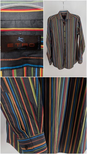 Etro, Vintage Etro Milano Rainbow Striped Button Down Shirt Mens 39 M Italy Luxury