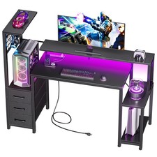 Korfile 48" Gaming Desk w/ LED Lights  Power Outlets, Carbon Fiber Computer