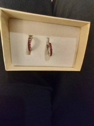 10k White Gold Ruby Diamond Earrings 0.5" Huggie Hinged Hoop. - Picture 3 of 4