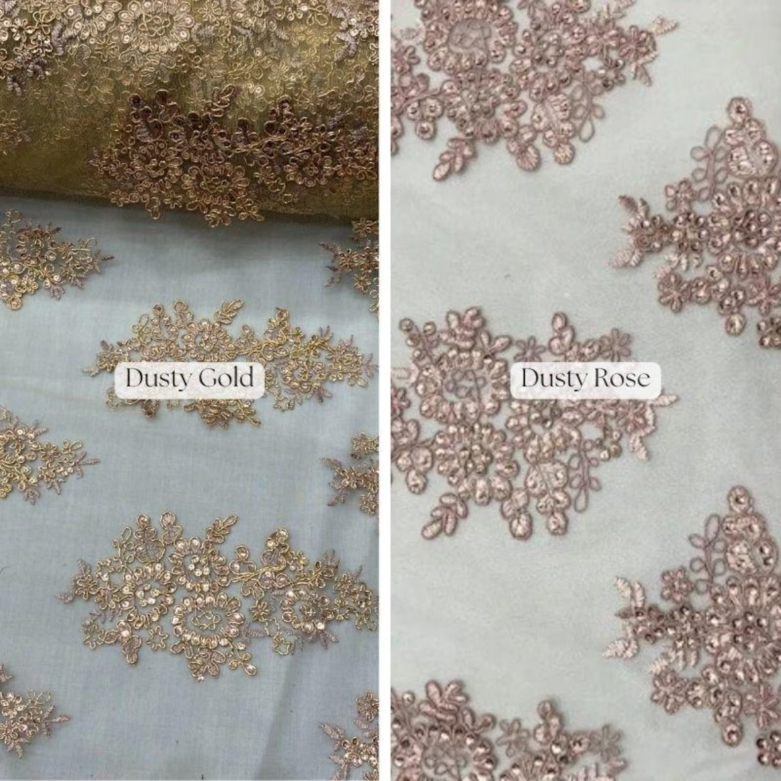 Floral Sequin Embroidered Mesh Lace Fabric with Double Scall