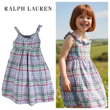 Ralph Lauren Maxi Dress Sundress Girls Sz 4 4T Madras Plaid Pink Blue Ruffle