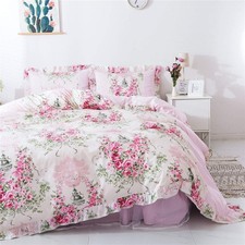 Floral Bedskirt Set Lace Bedding Pink Duvet Cover Set Rose Printed 100 Cotton