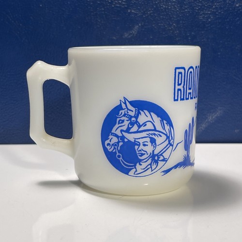 Vtg Ranger Joe Ranch Mug HAZEL ATLAS Blue Childrens D Handle Milk Glass Mug - Picture 4 of 6