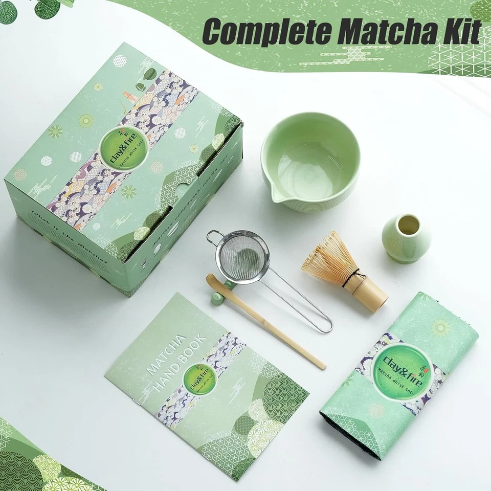 Matcha Whisk Set 8pcs Ceramic Bowl w/ Spout Tea Kit Gift, Green - Image 2 of 4