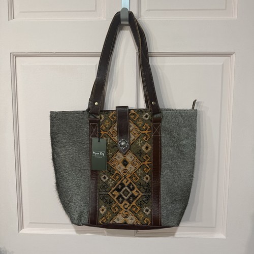 Myra Bag Regent Leather & Hairon Bag Purse Brown Gray Orange Aztec Cowhide NWT