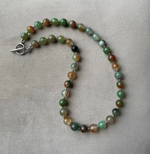 PEACOCK AGATE Stainless Steel Beads Unisex Necklace 20” Large Toggle Green Red